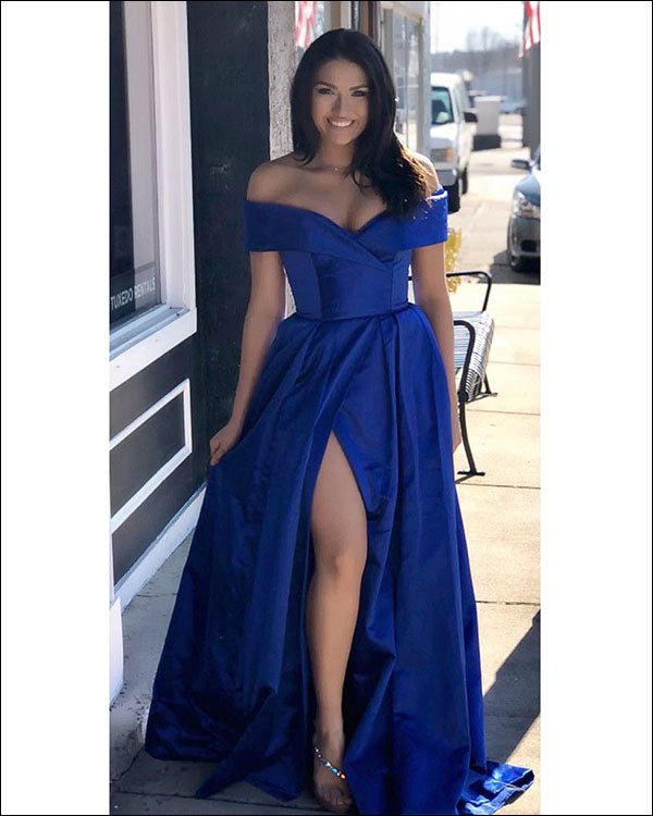 Popular Royal Blue Prom Dresses with Split Side Sexy Off The Shoulder Prom Gowns for Party 2018 Popular Royal Blue Prom Dresses with Split Side Sexy Off The Shoulder Prom Gowns for Party 2018