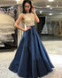 2018 Elegant Navy Blue Prom Dresses with Beadings Fashion A line Satin Long Prom Gowns Formal