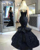 Sexy Black Mermaid Prom Dresses Ruffles 2018 Strapless Evening Gowns with Appliques Sequined Long Formal Dress