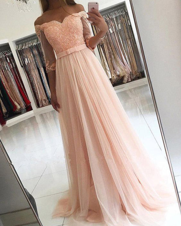 Off The Shoulder Coral Prom Dresses with Half Sleeve Tulle Lace Ruffle angelaweddings Off The Shoulder Coral Prom Dresses with Half Sleeve Tulle Lace Ruffle angelaweddings