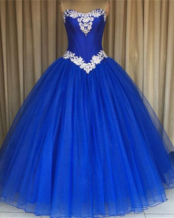 puffy royal blue quince dress Elegant Quinceanera Dresses with Beadings Strapless Tulle P – angelaweddings Leona Black Satin Scarf-Neck an majestic quinceanera dress birthday dress Fit:Modern
