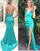 2020 Turquoise Silk Like Satin Mermaid Prom Dresses with Split Sexy Deep V-Neck Long Prom Gowns for Party
