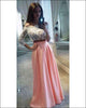 Beautiful Two Piece Prom Dresses Off The Shoulder White Lace Coral-Pink Satin Long Prom Gowns for Party