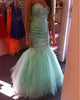 Sexy Mint Mermaid Prom Dresses with Heavy Beadings Strapless Long Evening Gowns Tulle Ruffles