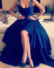 Royal Blue Satin Prom Dresses Square Neck Hi-Lo Long Prom Gowns Party Dress with Appliques Beaded