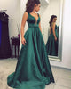 Sexy Plunge V-Neck Green Long Prom Dresses Sleeveless Satin Prom Gowns for Party Evening