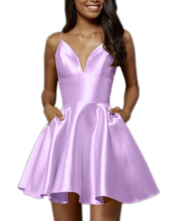 2018 Purple Satin Homecoming Dresses V-Neck Sexy Short Cocktail Dresses Backless Party Gowns 2018 Purple Satin Homecoming Dresses V-Neck Sexy Short Cocktail Dresses Backless Party Gowns