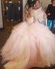 Fashion Elegant Pink Tulle Ruffles Puffy Ball Gowns Quinceanera Dresses Lace Long Sleeves