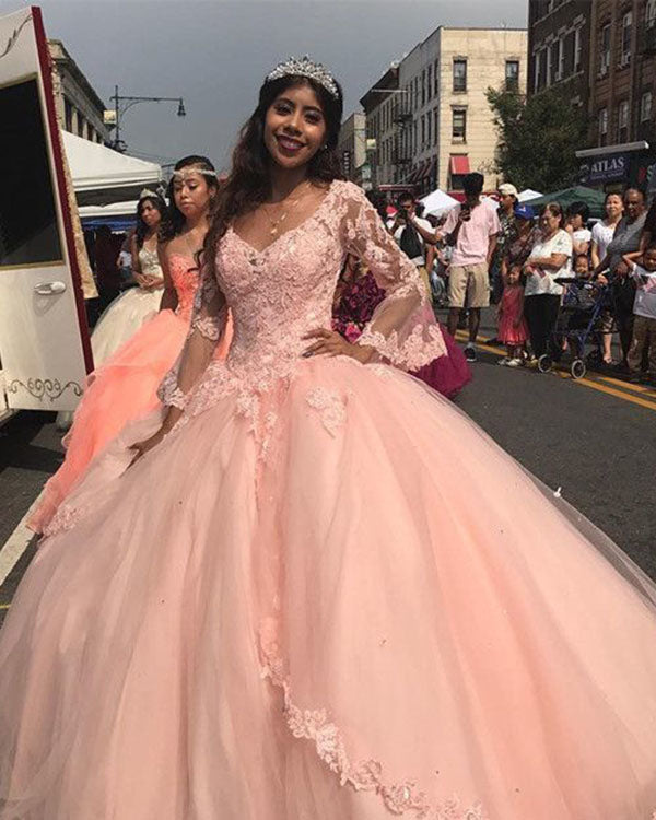 Princess Blush Pink Long Sleeves Tulle Ball Gown Quinceanera Dresses Lace Appliques Princess Blush Pink Long Sleeves Tulle Ball Gown Quinceanera Dresses Lace Appliques