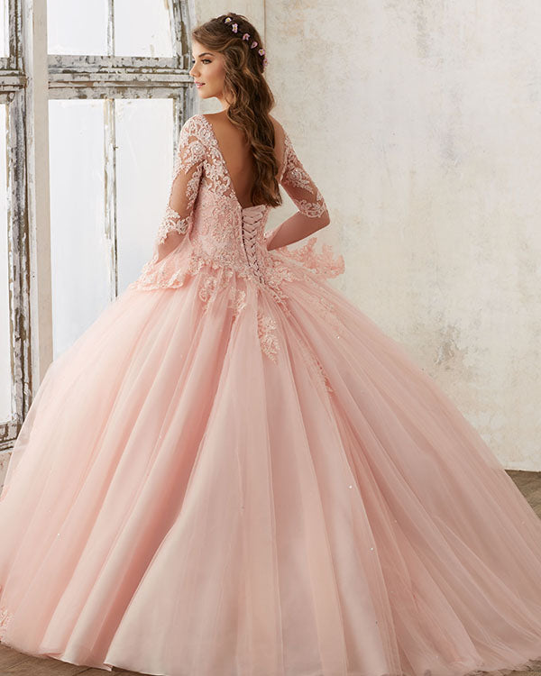 Princess Blush Pink Long Sleeves Tulle Ball Gown Quinceanera Dresses Lace Appliques Princess Blush Pink Long Sleeves Tulle Ball Gown Quinceanera Dresses Lace Appliques