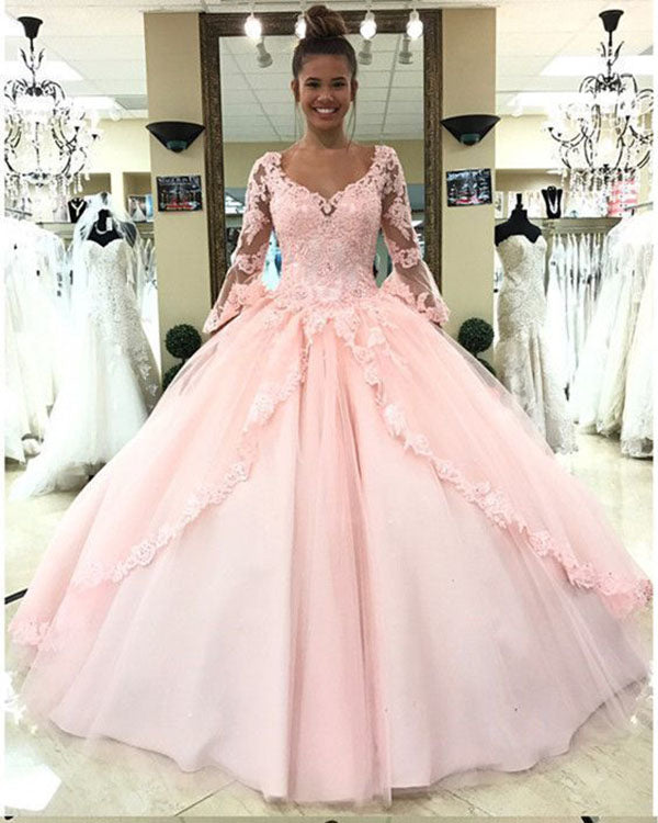 pink long sleeve quince dress Modest Blush Pink Long Sleeves Quinceanera Ball Gown Prom Dress Home Coming Dress Sweet Sixteen Dress X023 Custom Size / Other