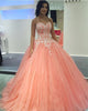 Coral Tulle White Appliques Ball Gown Quinceanera Dresses Strapless Sweet 16 Dresses Beaded Vestidos De 15