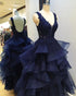 Sexy A-line Prom Dresses Tiered Organza Skirt V Neck Navy Blue Backless Evening Gowns Dresses