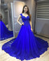 Elegant 2019 Royal Blue Lace Prom Dresses Long Sexy Open Back Evening Prom Gowns Chapel Train