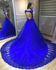 Elegant 2019 Royal Blue Lace Prom Dresses Long Sexy Open Back Evening Prom Gowns Chapel Train