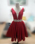 Sexy Short Red Satin Homecoming Dresses Beaded Crystals V-Neck Open Back Cocktail Mini Party Gowns