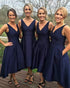 Elegant Navy Blue Satin Bridesmaid Dresses V-Neckline Hi-Lo Wedding Guest Party Gowns