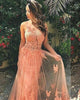 Sexy Coral Lace Tulle Prom Dresses with Sheer Neckline Long Prom Gowns Party Dress