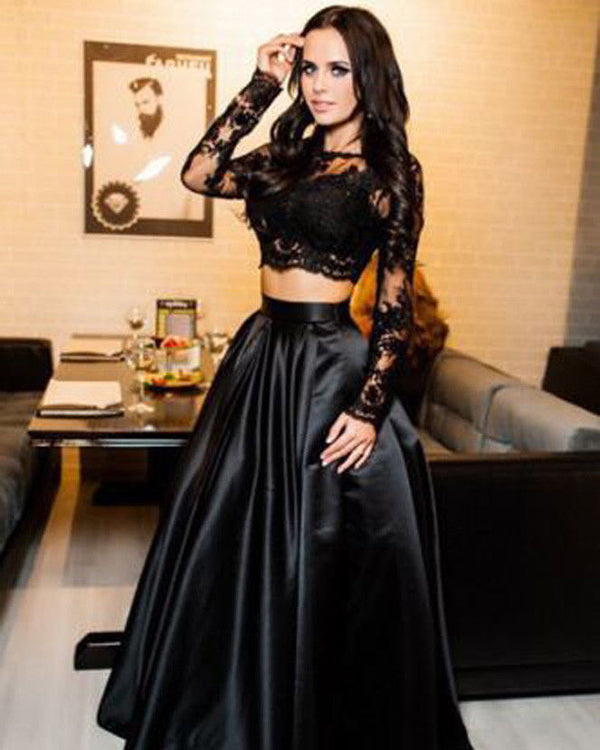 Two Piece Prom Dresses with Full Sleeve Sexy Lace Satin Long Prom Gowns with Lace Appliques Two Piece Prom Dresses with Full Sleeve Sexy Lace Satin Long Prom Gowns with Lace Appliques