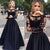 Two Piece Prom Dresses with Full Sleeve Sexy Lace Satin Long Prom Gowns with Lace Appliques