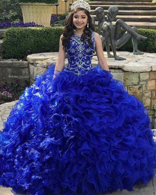 2019 Royal Blue Puffy Organza Quinceanera Dresses Beaded Sparkly Rhinestones Sheer Neckline Ruffles Ball Gown Vestidos de Quinceaera 2019 Royal Blue Puffy Organza Quinceanera Dresses Beaded Sparkly Rhinestones Sheer Neckline Ruffles Ball Gown Vestidos de Quinceaera