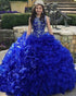 2019 Royal Blue Puffy Organza Quinceanera Dresses Beaded Sparkly Rhinestones Sheer Neckline Ruffles Ball Gown vestidos de quinceañera