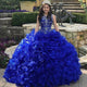 2019 Royal Blue Puffy Organza Quinceanera Dresses Beaded Sparkly Rhinestones Sheer Neckline Ruffles Ball Gown vestidos de quinceañera