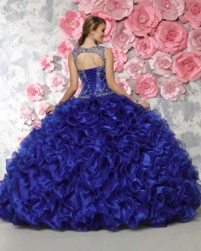 2019 Royal Blue Puffy Organza Quinceanera Dresses Beaded Sparkly Rhinestones Sheer Neckline Ruffles Ball Gown vestidos de quinceaera 2019 Royal Blue Puffy Organza Quinceanera Dresses Beaded Sparkly Rhinestones Sheer Neckline Ruffles Ball Gown vestidos de quinceaera