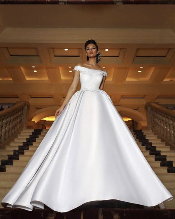 Ivory Satin A-line Court Train Wedding Dresses MW674 | Musebridals