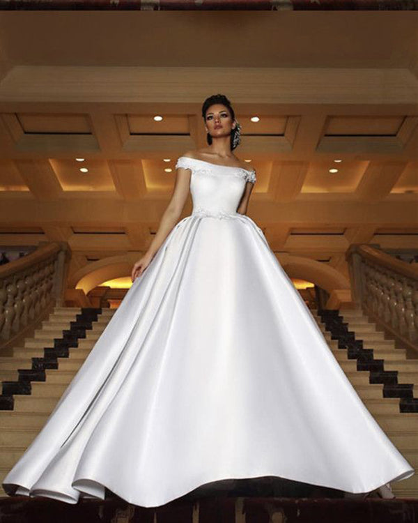 Elegant Satin Wedding Dress Ball Gowns 2019 Off The Shoulder Modest Lace Bridal Gown Cathedral Train Elegant Satin Wedding Dress Ball Gowns 2019 Off The Shoulder Modest Lace Bridal Gown Cathedral Train