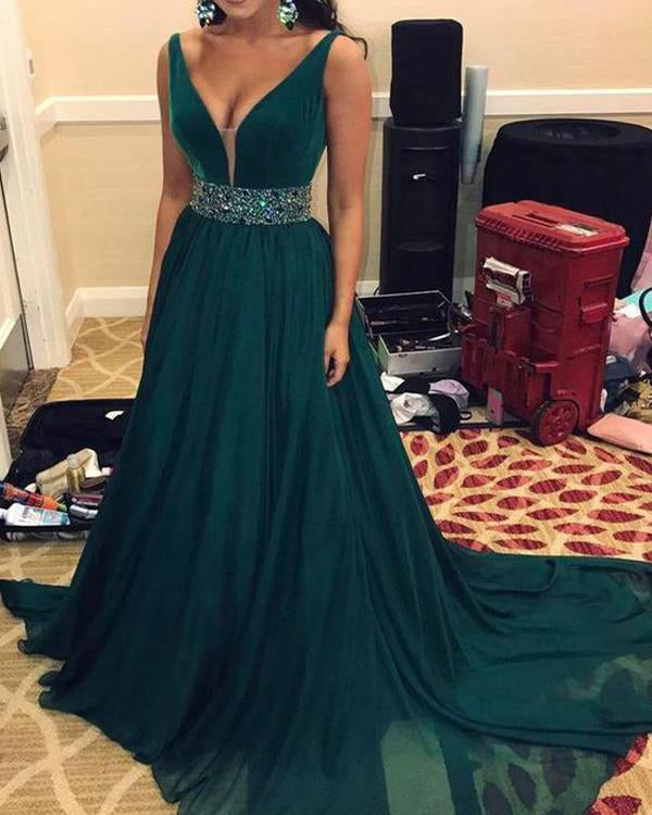 Sexy Hunter Green Chiffon Prom Gowns 2019 Plunge V-Neck Long Party Dre – angelaweddings