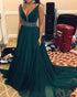 Sexy Hunter Green Chiffon Prom Gowns 2019 Plunge V-Neck Long Party Dress with Beadings