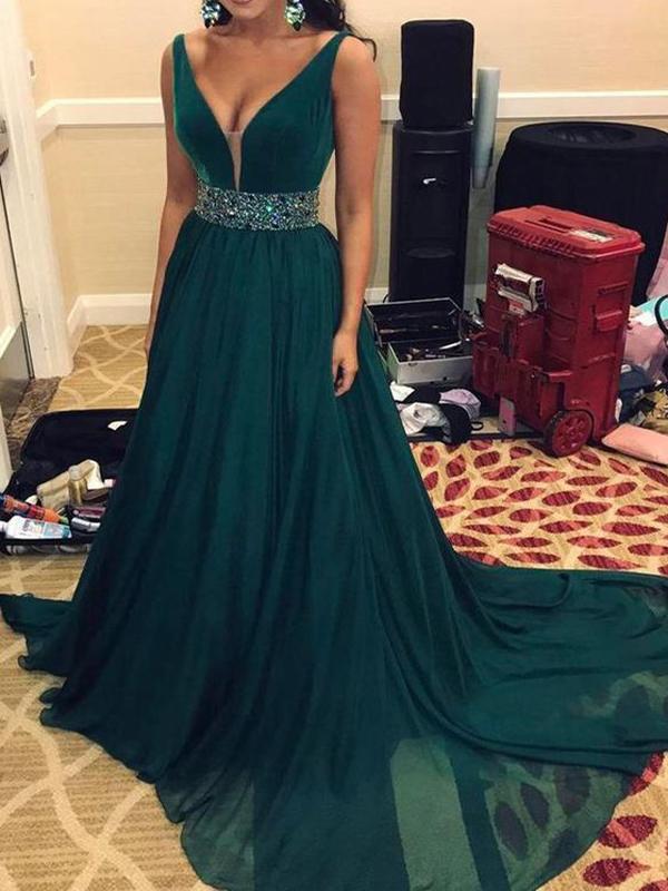 Sexy Hunter Green Chiffon Prom Gowns 2019 Plunge V-Neck Long Party Dre angelaweddings Sexy Hunter Green Chiffon Prom Gowns 2019 Plunge V-Neck Long Party Dre angelaweddings