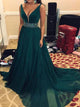 Sexy Hunter Green Chiffon Prom Gowns 2019 Plunge V-Neck Long Party Dress with Beadings