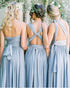 Convertible Light Blue Bridesmaid Dresses V-Neck Floor Length Simple Chiffon Pleated