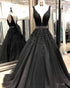 2020 Sexy Deep V-Neck Black Tulle Prom Dresses with Lace Appliques Long Prom Gowns for Party