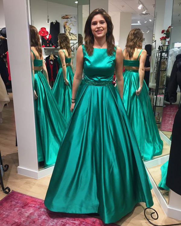 Emerald Green Satin Prom Dresses with Pockets 2019 New Arrival Long Party Gowns Beaded Emerald Green Satin Prom Dresses with Pockets 2019 New Arrival Long Party Gowns Beaded