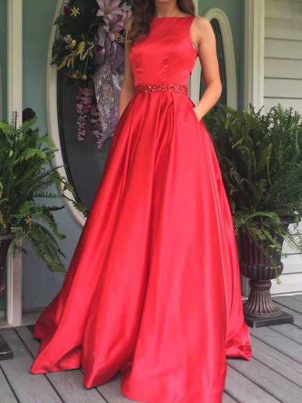 Emerald Green Satin Prom Dresses with Pockets 2019 New Arrival Long Party Gowns Beaded Emerald Green Satin Prom Dresses with Pockets 2019 New Arrival Long Party Gowns Beaded