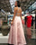 Delicate Pink Satin Beaded Prom Dresses with V-Neck Long Prom Gowns for Party Open Back