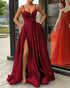 2019 Spaghetti Straps Prom Dresses with Split Side Sexy Burgundy Satin Prom Pageant Gowns