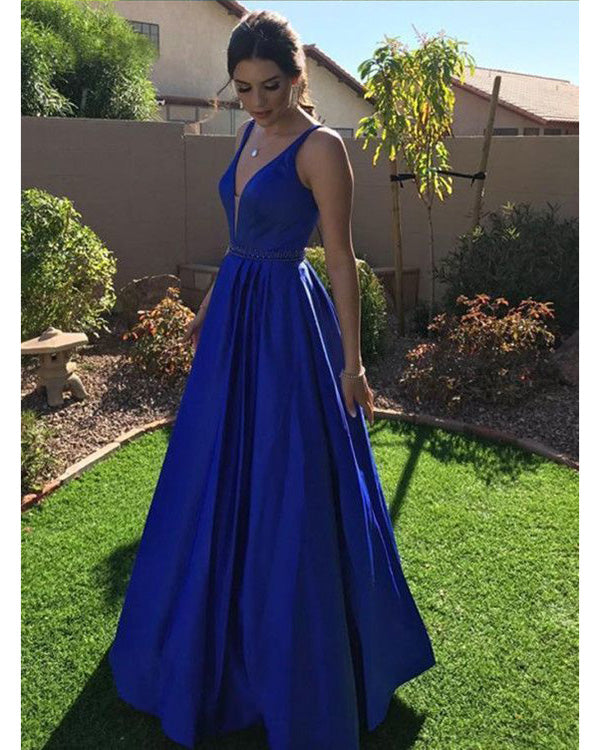 Elegant 2019 V-Neck Prom Dresses with Beadings New Royal Blue Prom Gowns Floor Length Elegant 2019 V-Neck Prom Dresses with Beadings New Royal Blue Prom Gowns Floor Length