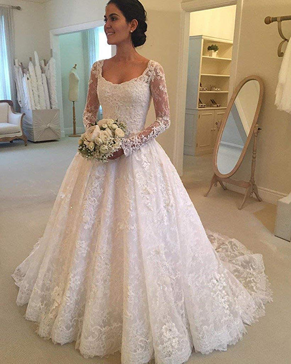 Elegant Sheer Long Sleeve Lace Wedding Dresses Appliques 2019 New Bridal Dress Ball Gown Elegant Sheer Long Sleeve Lace Wedding Dresses Appliques 2019 New Bridal Dress Ball Gown