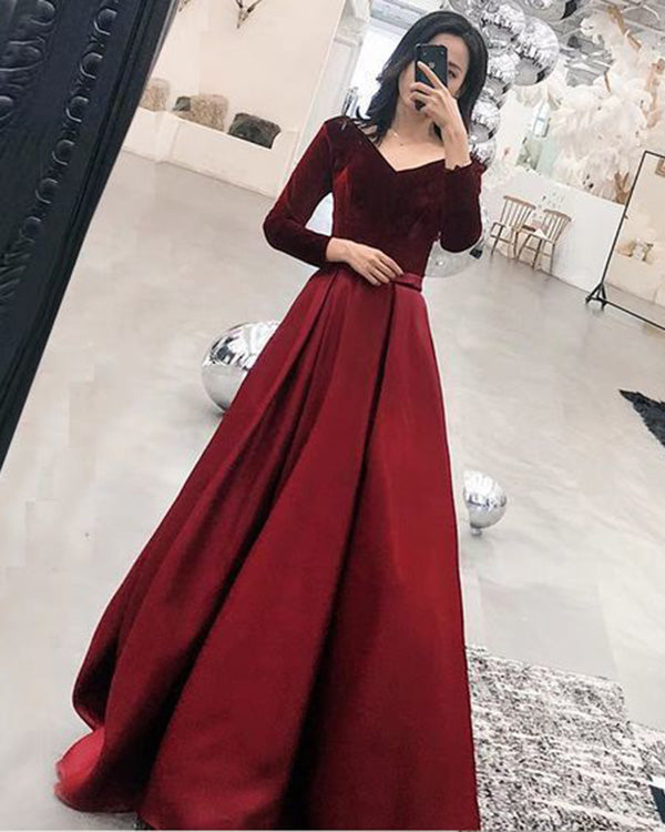 Elegant Full Sleeve Prom Dresses V-Neck 2019 Burgundy Velvet Satin Long Prom Formal Dress Elegant Full Sleeve Prom Dresses V-Neck 2019 Burgundy Velvet Satin Long Prom Formal Dress