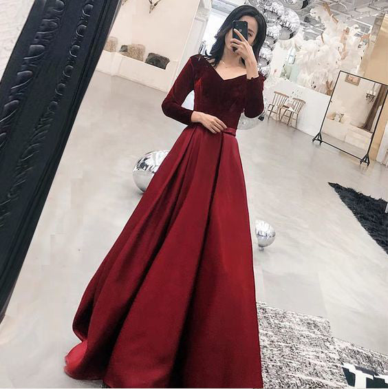 Graduation Dresses Burgundy Homecoming Dresses 2019 Elegant Full Sleeve Prom Dresses V-Neck 2019 Burgundy Velvet Graduation Dresses Burgundy Homecoming Dresses 2019 Elegant Full Sleeve Prom Dresses V-Neck 2019 Burgundy Velvet
