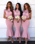 2019 Blush Pink Lace Mermaid Bridesmaid Dresses O-Neck Cap Sleeve Guest Party Gowns