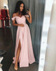 2019 Burgundy Satin Prom Dresses with Split Off The Shoulder Long Pageant Gowns New