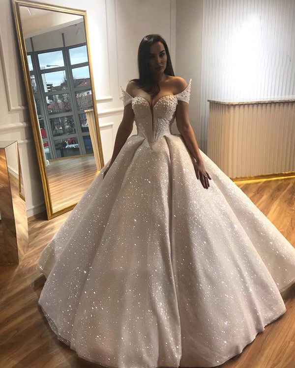 Sparkly Princess Wedding Dresses with Cap Sleeve 2019 Elegant Bridal Dress Ball Gown Pearls Sparkly Princess Wedding Dresses with Cap Sleeve 2019 Elegant Bridal Dress Ball Gown Pearls