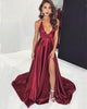 2019 Sexy Deep V-Neck Burgundy Prom Dresses with Split Side Long Pageant Gowns