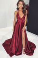 Sexy Deep V-Neck Prom Dresses with Spaghetti Straps Long Pageant Gowns Split Side