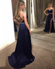 2019 Sexy Navy Blue Satin Prom Dresses Spaghetti Straps Long Prom Gowns Split Side